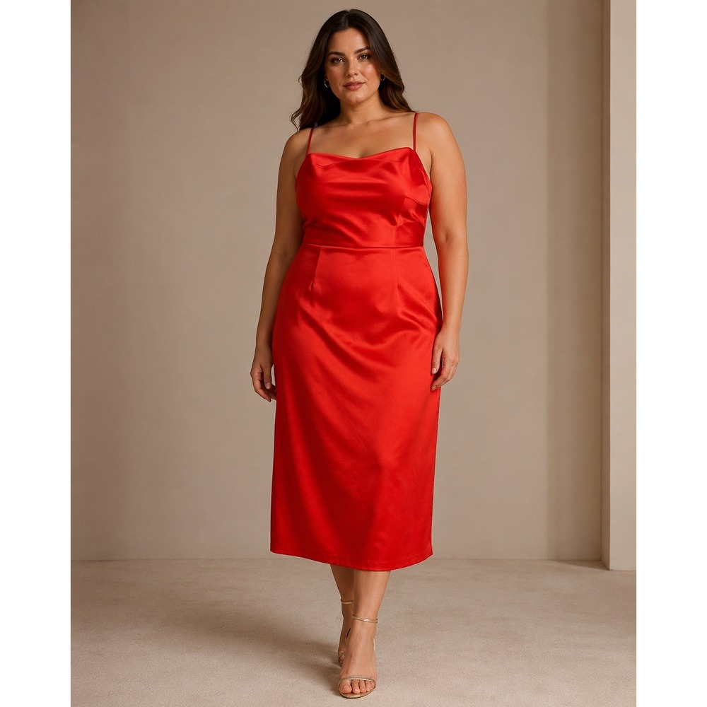 Vintage Donna Morgan Size‎ 14 Orange Red Satin Midi Slip Dress 90s
